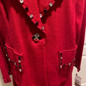Red Cardigan with Embellished Trim
